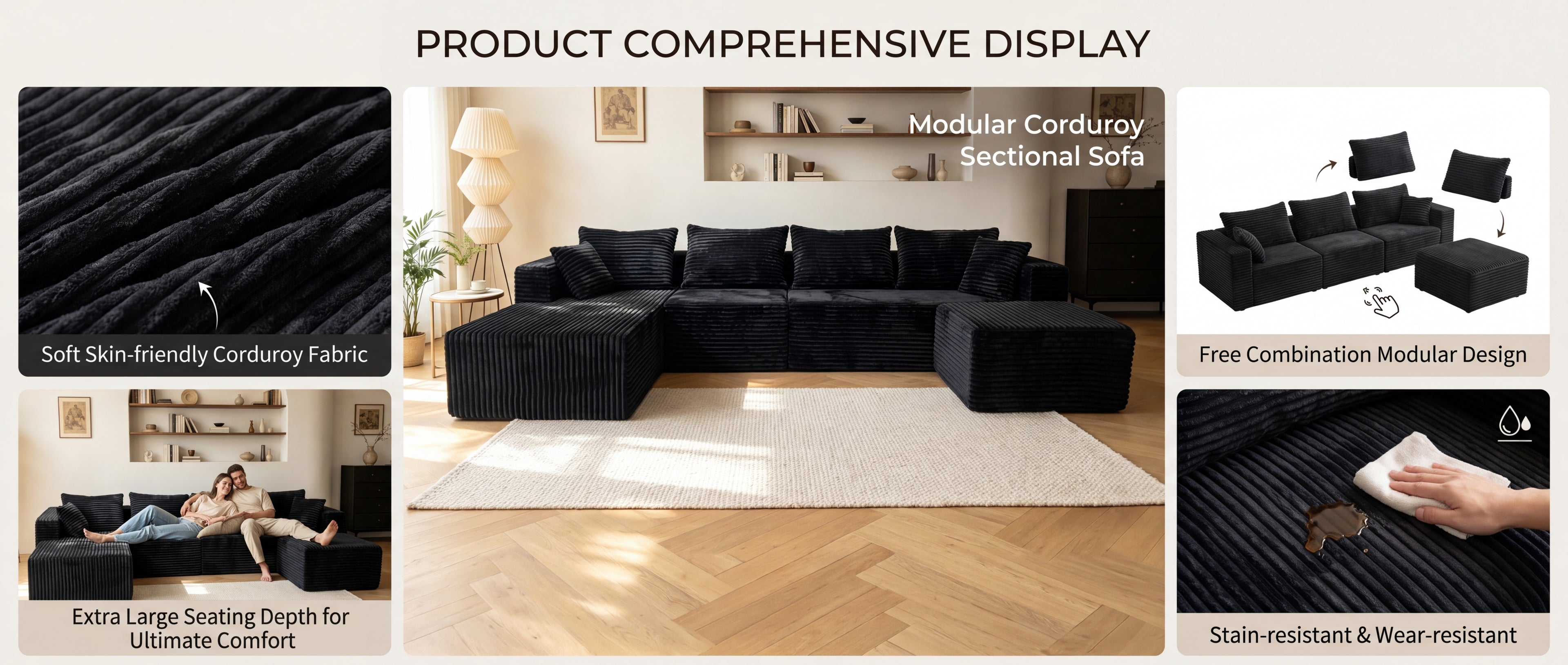 ULTIONE BIG U-Shaped Wide-wale Corduroy Modular Sectional Compression Sofa with Left Chaises