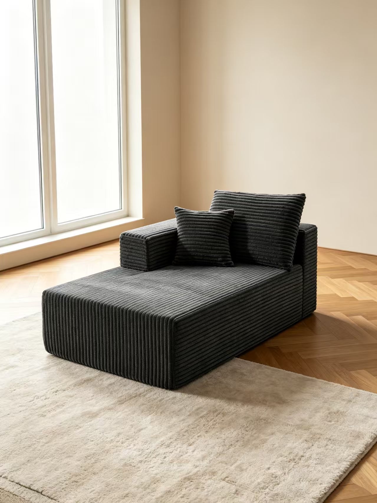 ULTIONE Wide-wale Corduroy Floor Compression Sofa Chair, Frameless Foam Right Chaise Lounge with Pillow, Comfy Lazy Boneless Couch for Adults Reading Nook, Bedroom & Living Room
