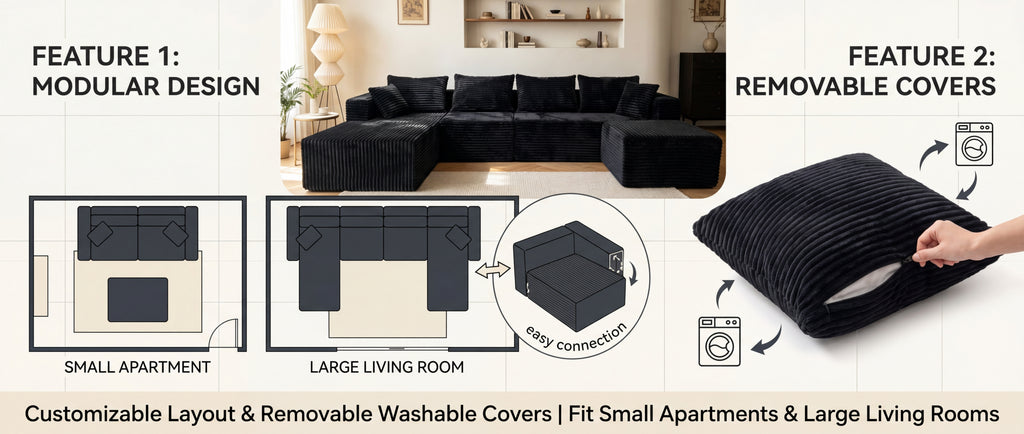 ULTIONE BIG U-Shaped Wide-wale Corduroy Modular Sectional Compression Sofa with Right Chaises