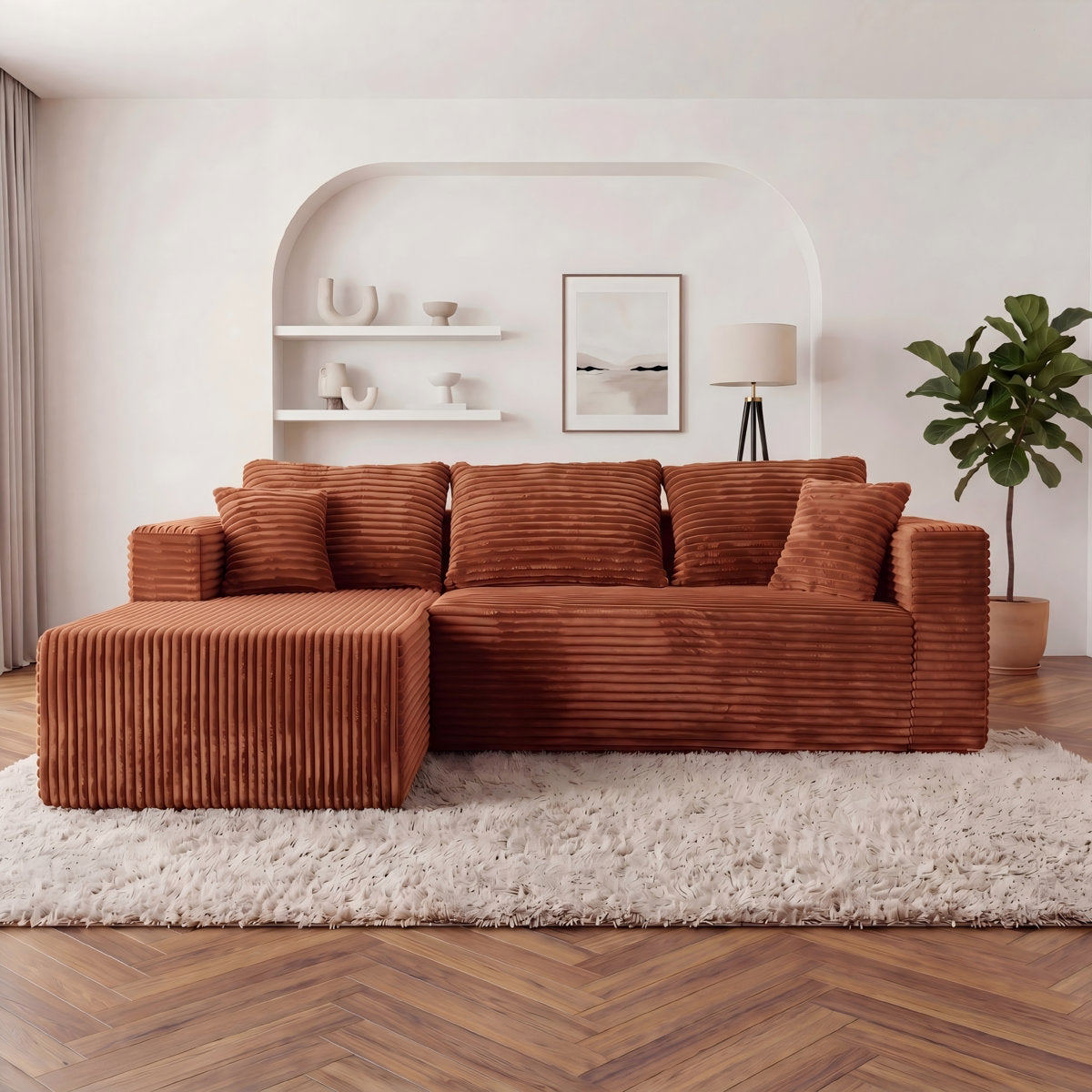ULTIONE Modular Wide-wale Corduroy Sectional Compression Sofa with Right Chaise Frameless Foam L-Shaped Couch for Living Room
