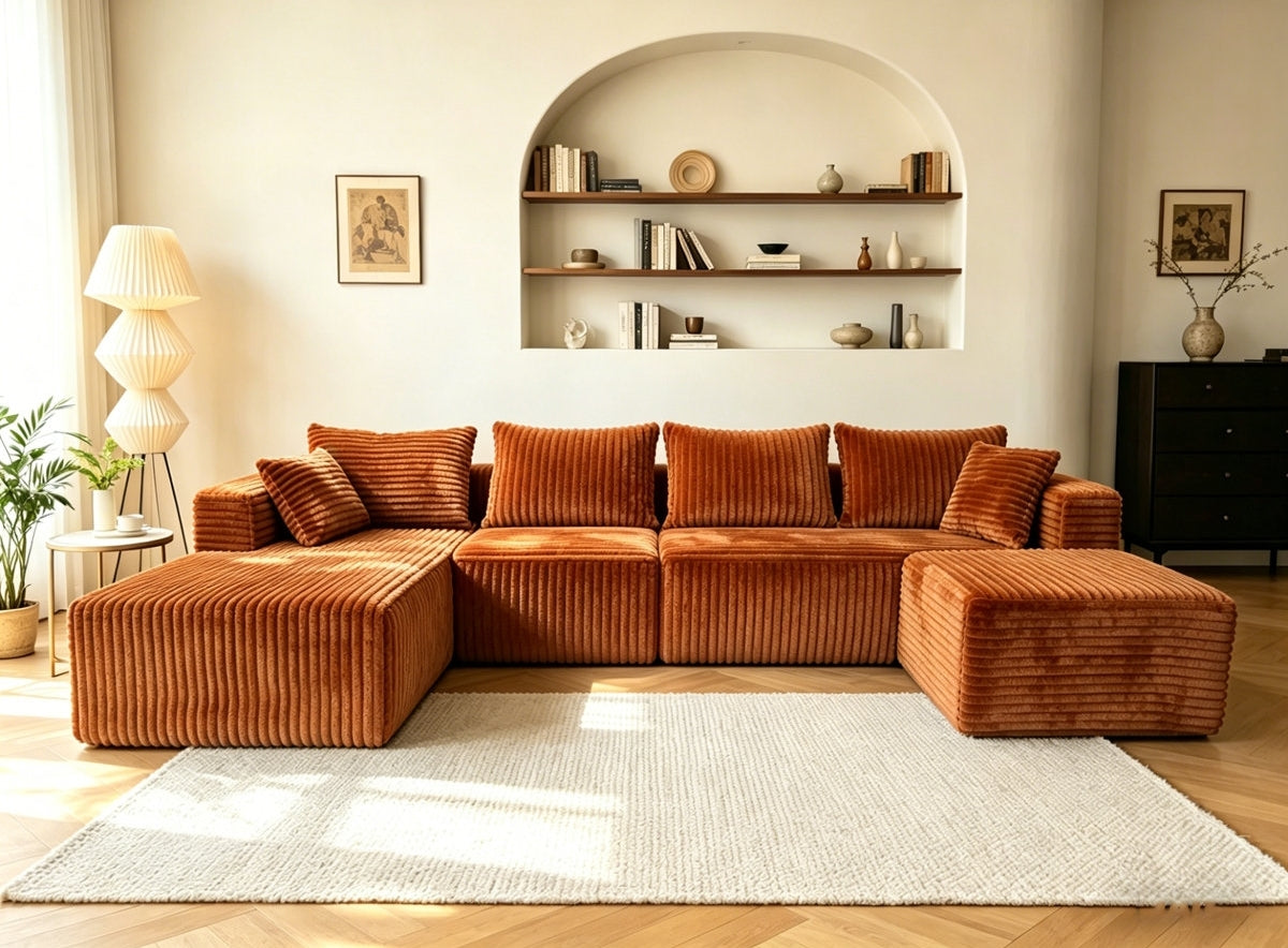 ULTIONE BIG U-Shaped Wide-wale Corduroy Modular Sectional Compression Sofa with Right Chaises