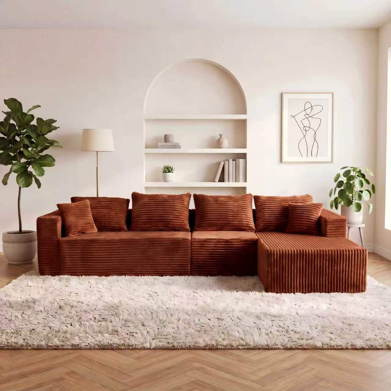 ULTIONE BIG Modular Wide-wale Corduroy Sectional Compression Sofa with left Chaise Frameless Foam L-Shaped Couch for Living Room
