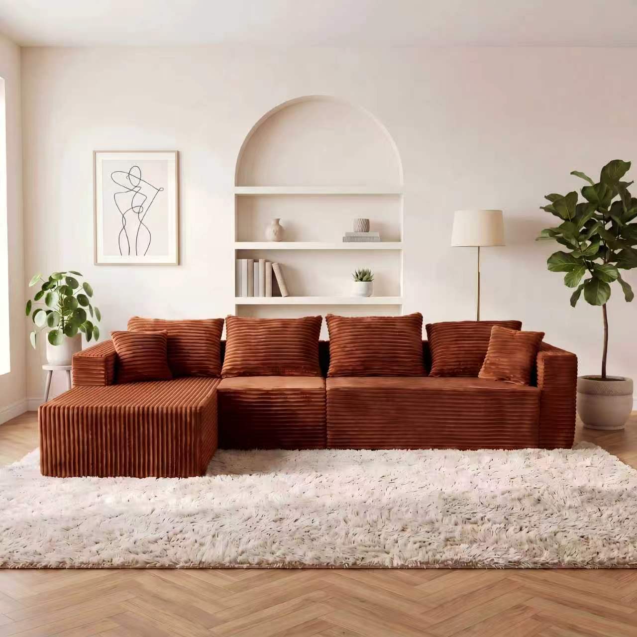 ULTIONE BIG Modular Wide-wale Corduroy Sectional Compression Sofa with Right Chaise Frameless Foam L-Shaped Couch for Living Room