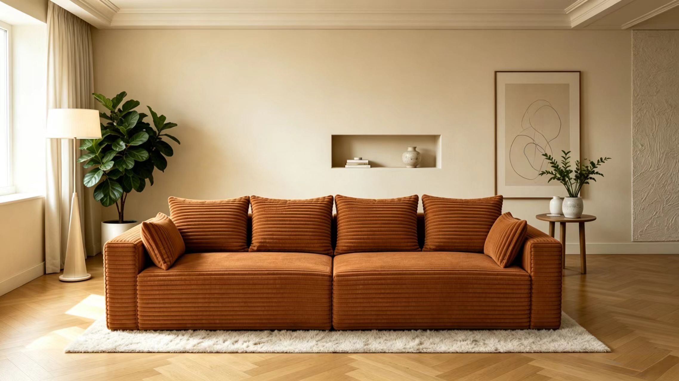 Symmetrical corduroy fabric couch in caramel brown.