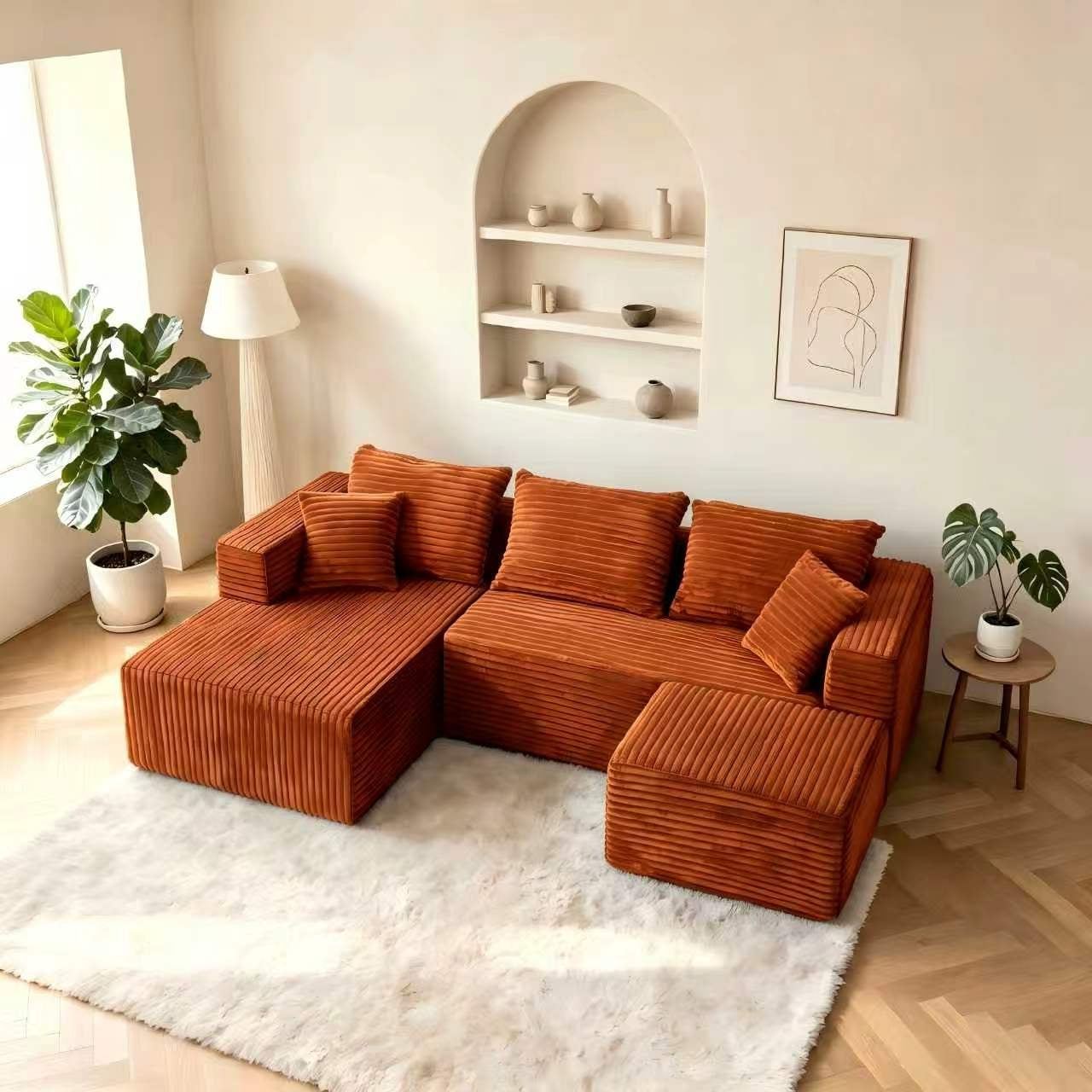 ULTIONE U-Shaped Wide-wale Corduroy Modular Sectional Compression Sofa with Right Chaises