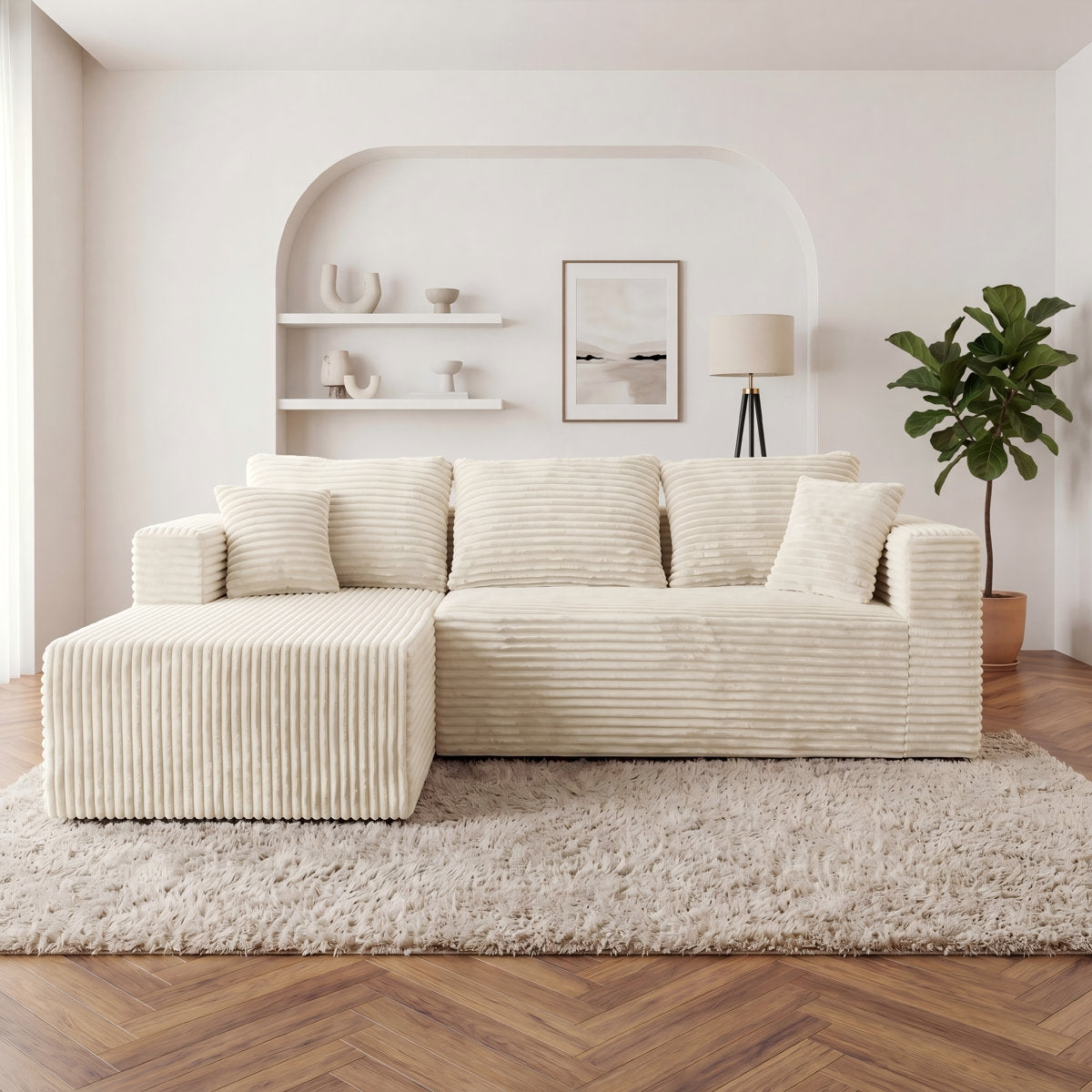 ULTIONE Modular Wide-wale Corduroy Sectional Compression Sofa with Right Chaise Frameless Foam L-Shaped Couch for Living Room