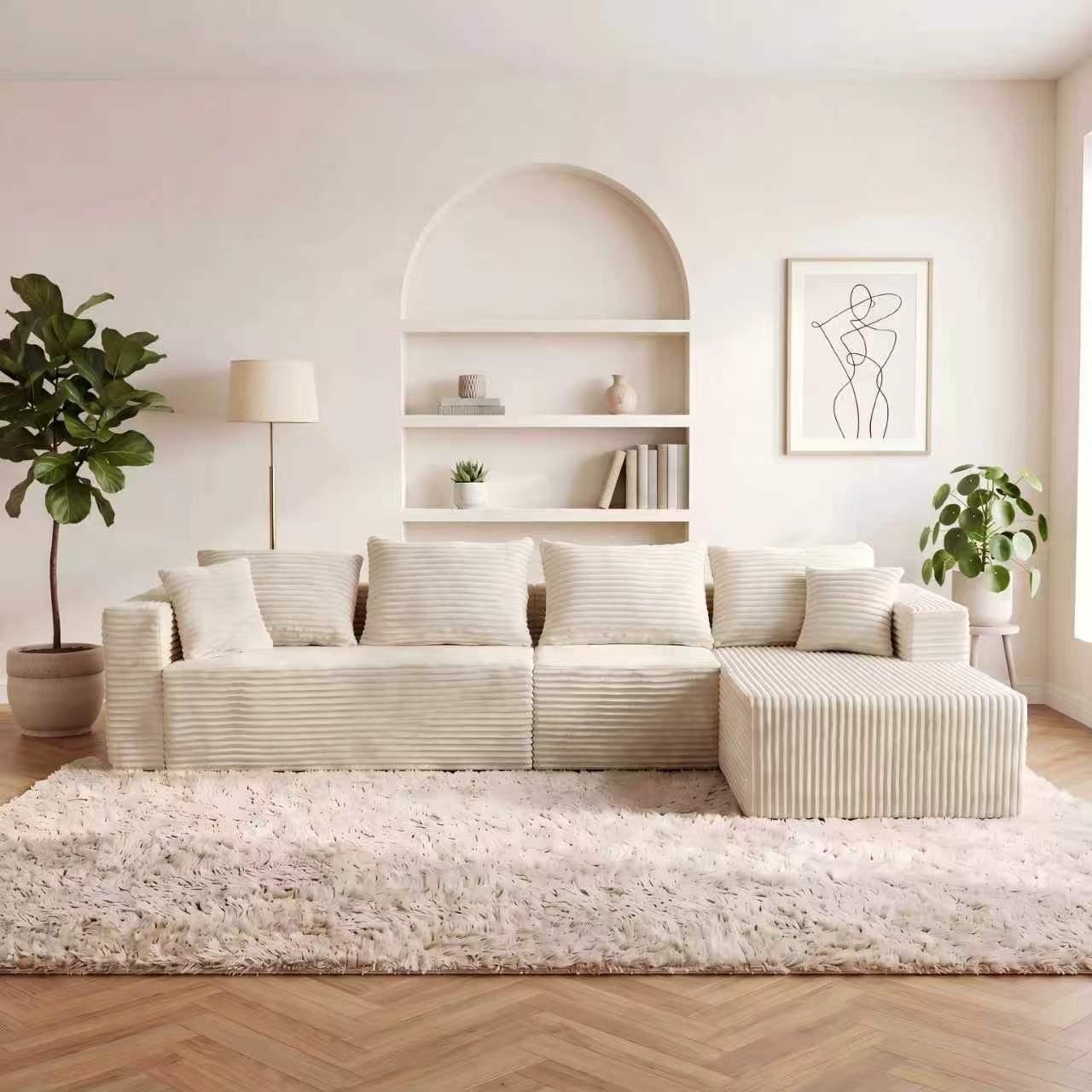 ULTIONE BIG Modular Wide-wale Corduroy Sectional Compression Sofa with left Chaise Frameless Foam L-Shaped Couch for Living Room