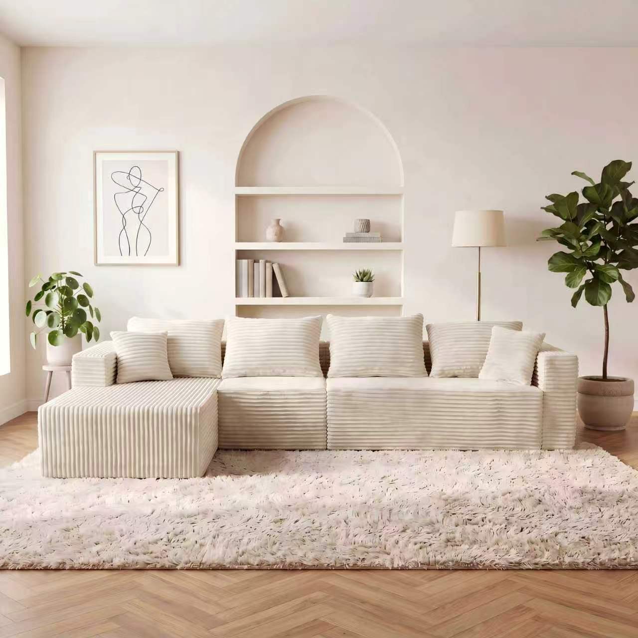 ULTIONE BIG Modular Wide-wale Corduroy Sectional Compression Sofa with Right Chaise Frameless Foam L-Shaped Couch for Living Room