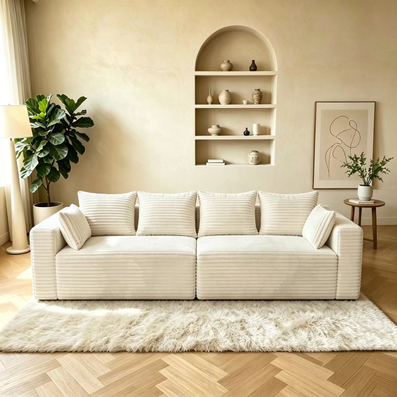 Front view of a plush corduroy modular compression sofa in cream white.