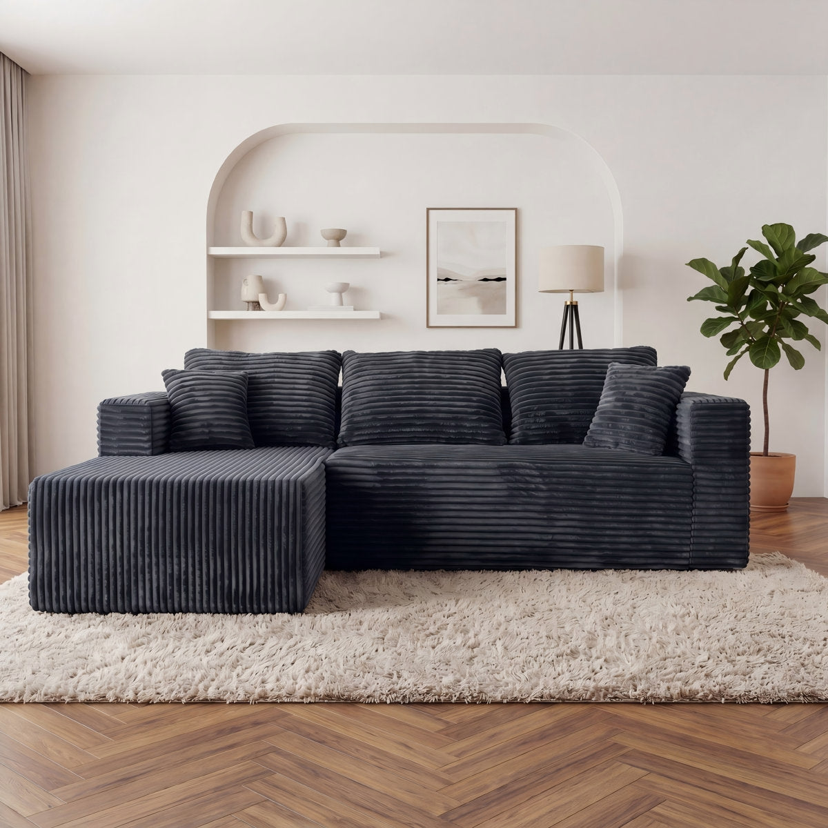 ULTIONE Modular Wide-wale Corduroy Sectional Compression Sofa with Right Chaise Frameless Foam L-Shaped Couch for Living Room