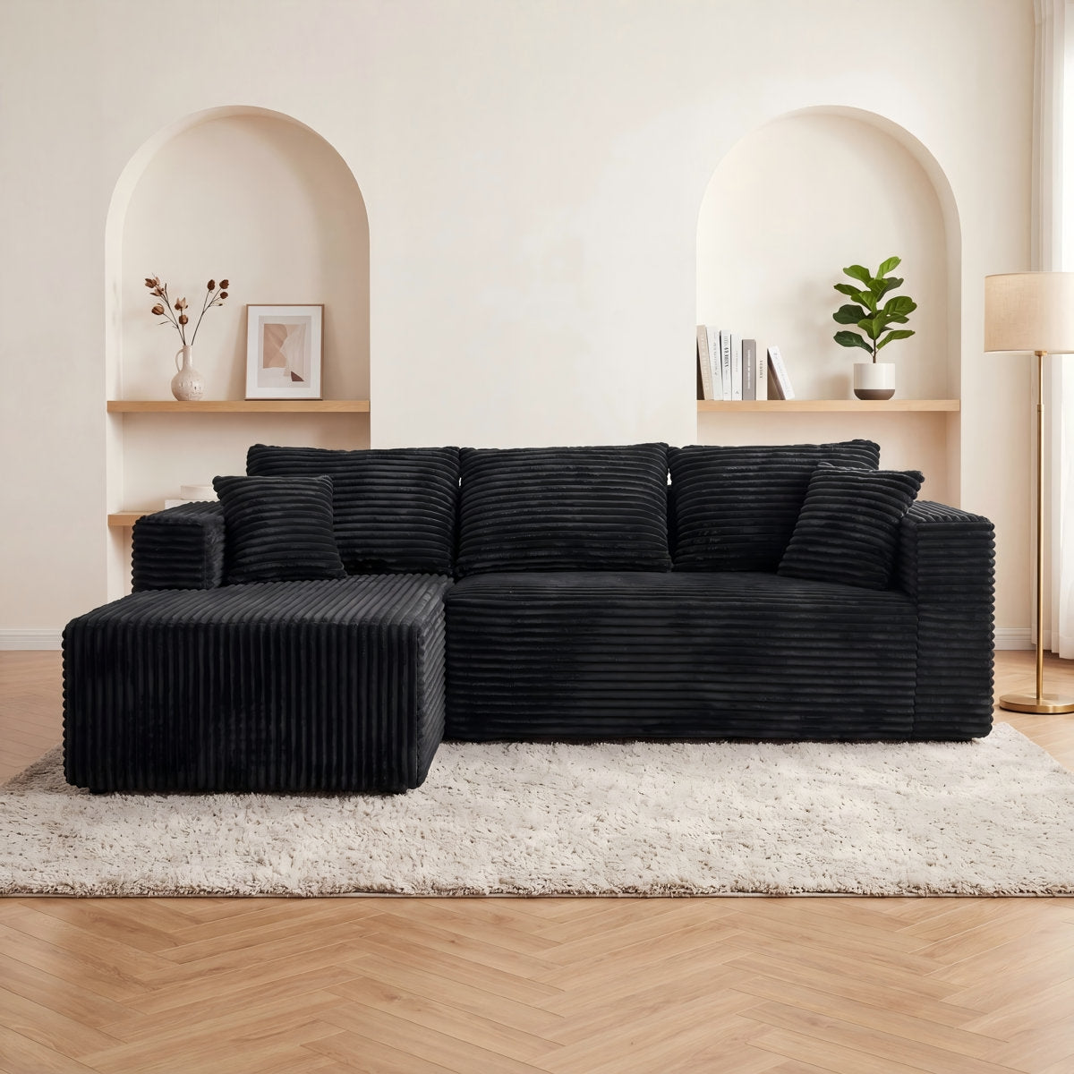 ULTIONE Modular Wide-wale Corduroy Sectional Compression Sofa with Right Chaise Frameless Foam L-Shaped Couch for Living Room