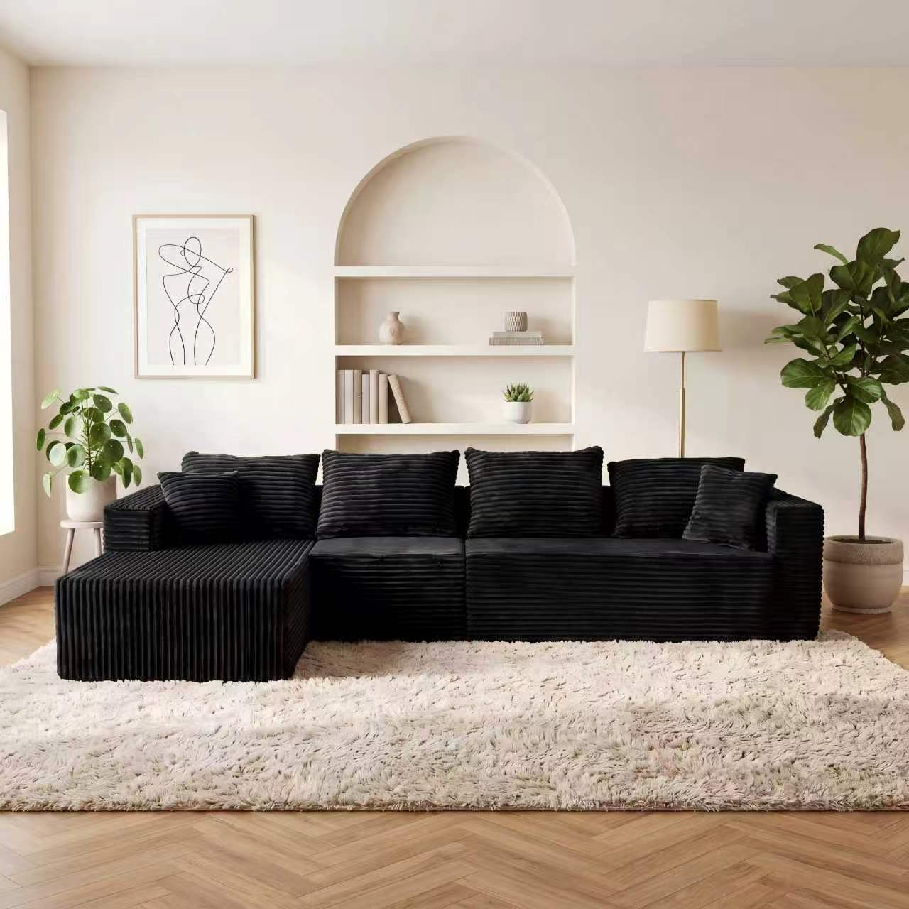 ULTIONE BIG Modular Wide-wale Corduroy Sectional Compression Sofa with Right Chaise Frameless Foam L-Shaped Couch for Living Room