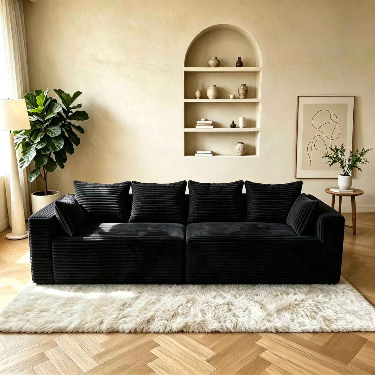 High-density foam cushions on a premium wide-wale corduroy compression sofa.