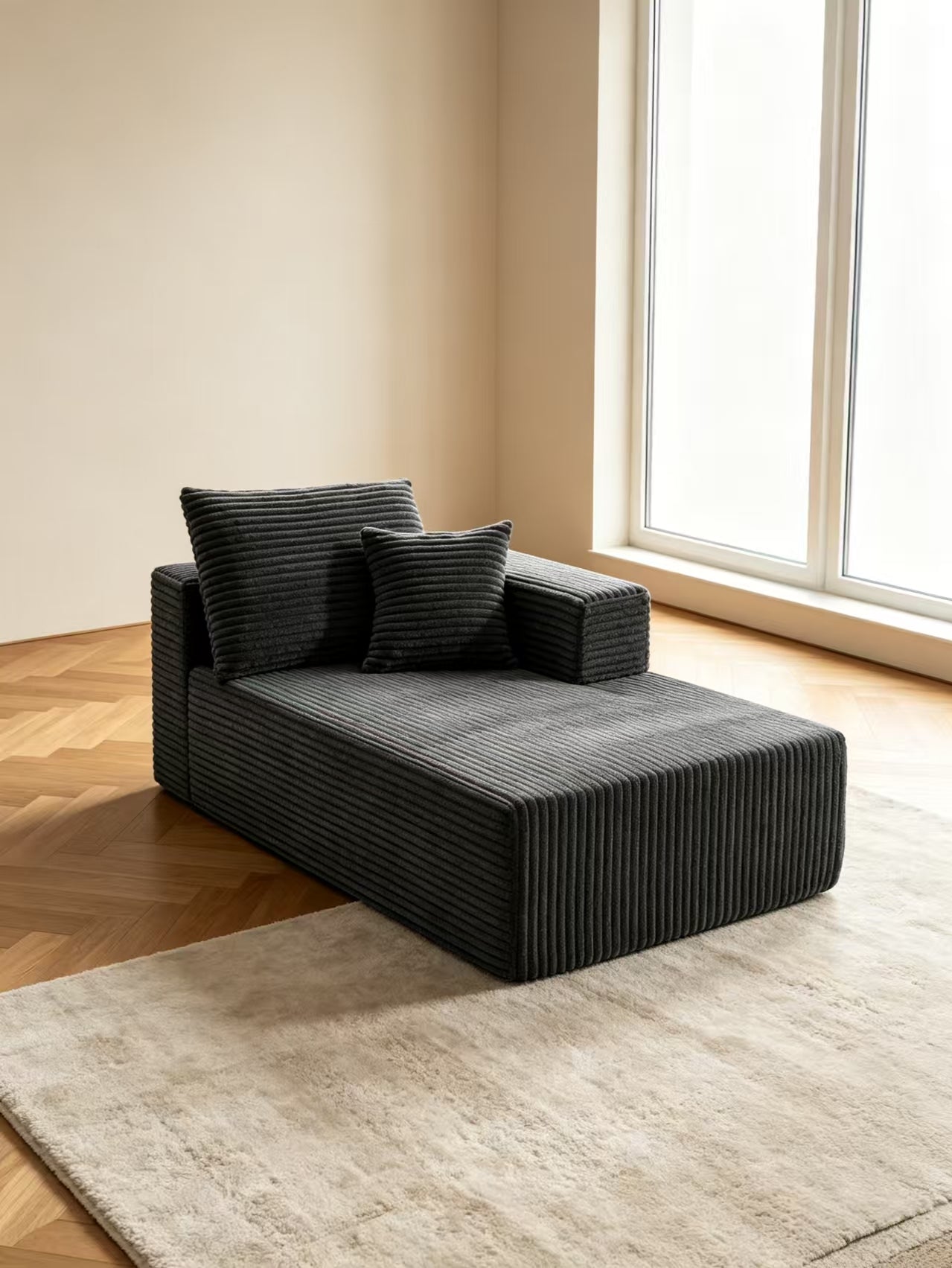 ULTIONE Wide-wale Corduroy Floor Compression Sofa Chair, Frameless Foam Left Chaise Lounge with Pillow, Comfy Lazy Boneless Couch for Adults Reading Nook, Bedroom & Living Room