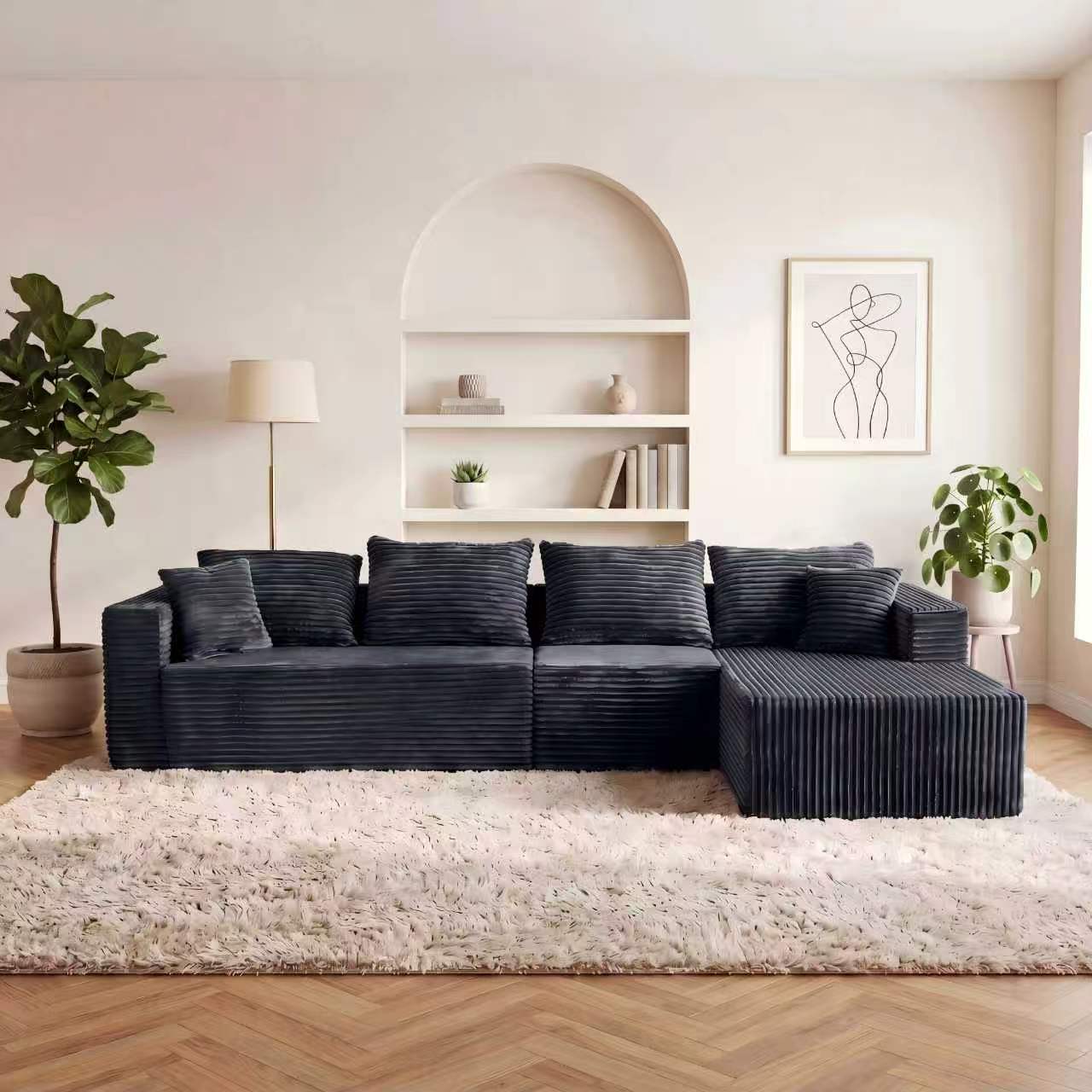 ULTIONE BIG Modular Wide-wale Corduroy Sectional Compression Sofa with left Chaise Frameless Foam L-Shaped Couch for Living Room