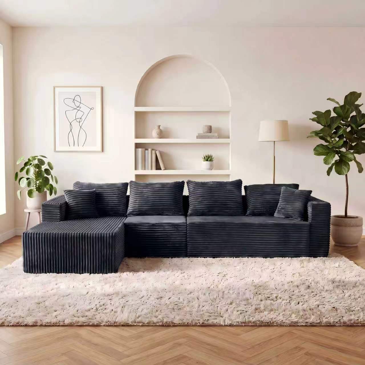 ULTIONE BIG Modular Wide-wale Corduroy Sectional Compression Sofa with Right Chaise Frameless Foam L-Shaped Couch for Living Room