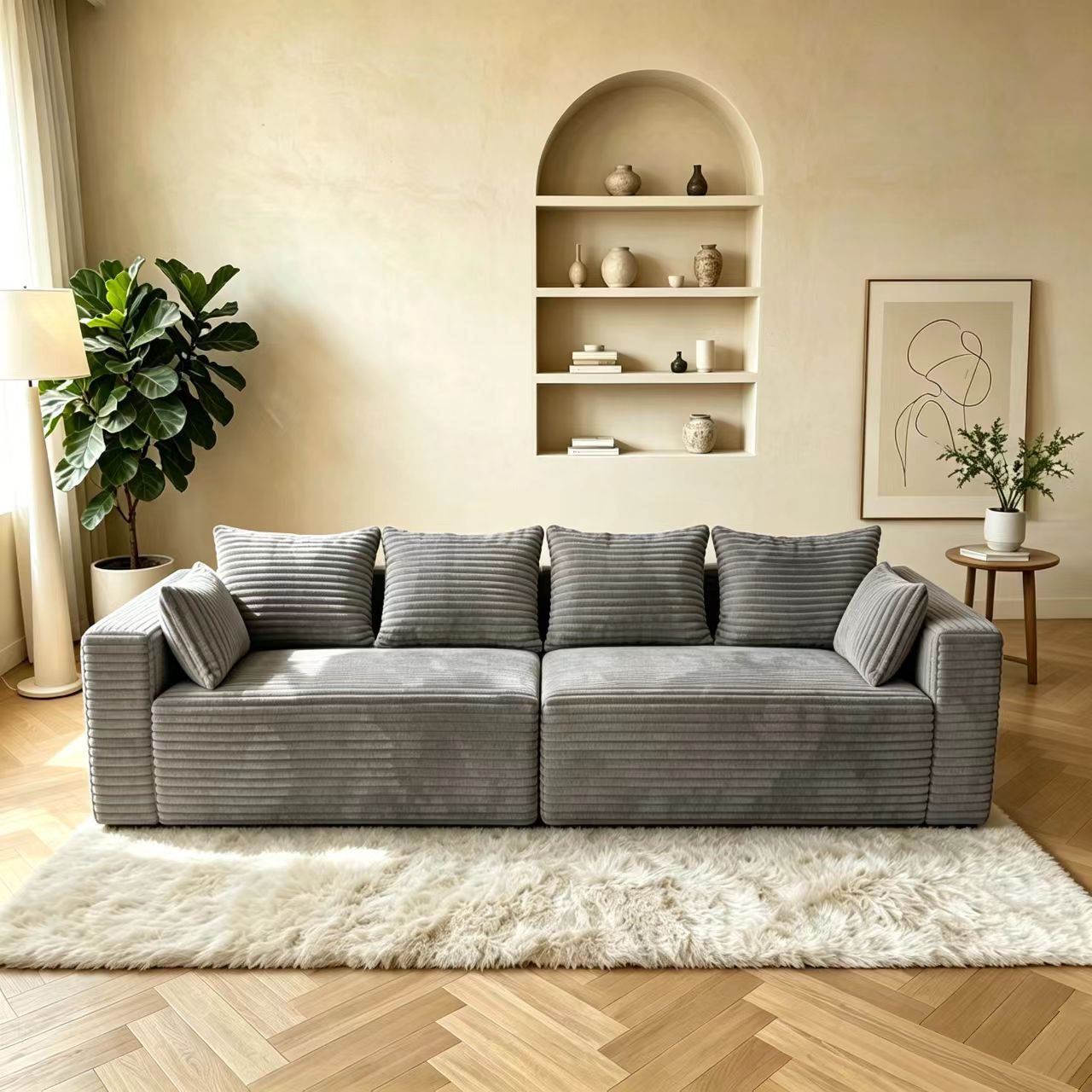 Light grey modular compression Double Arms sofa for modern apartments.