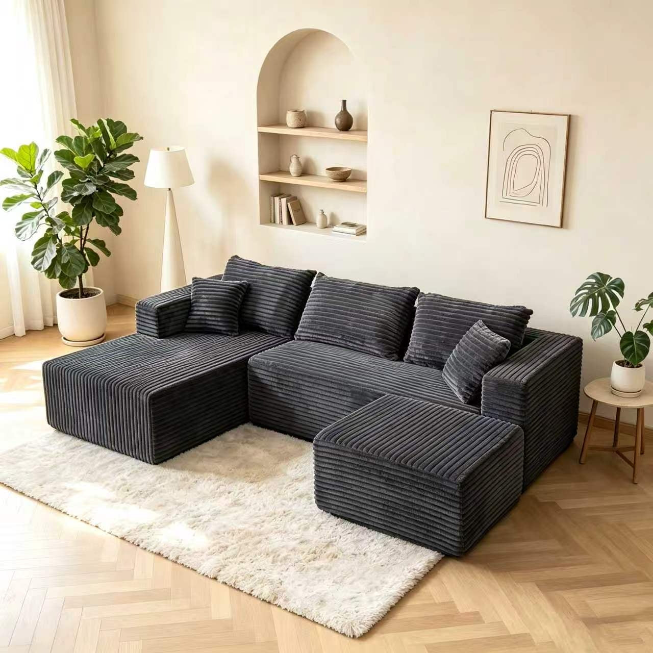 ULTIONE U-Shaped Wide-wale Corduroy Modular Sectional Compression Sofa with Right Chaises