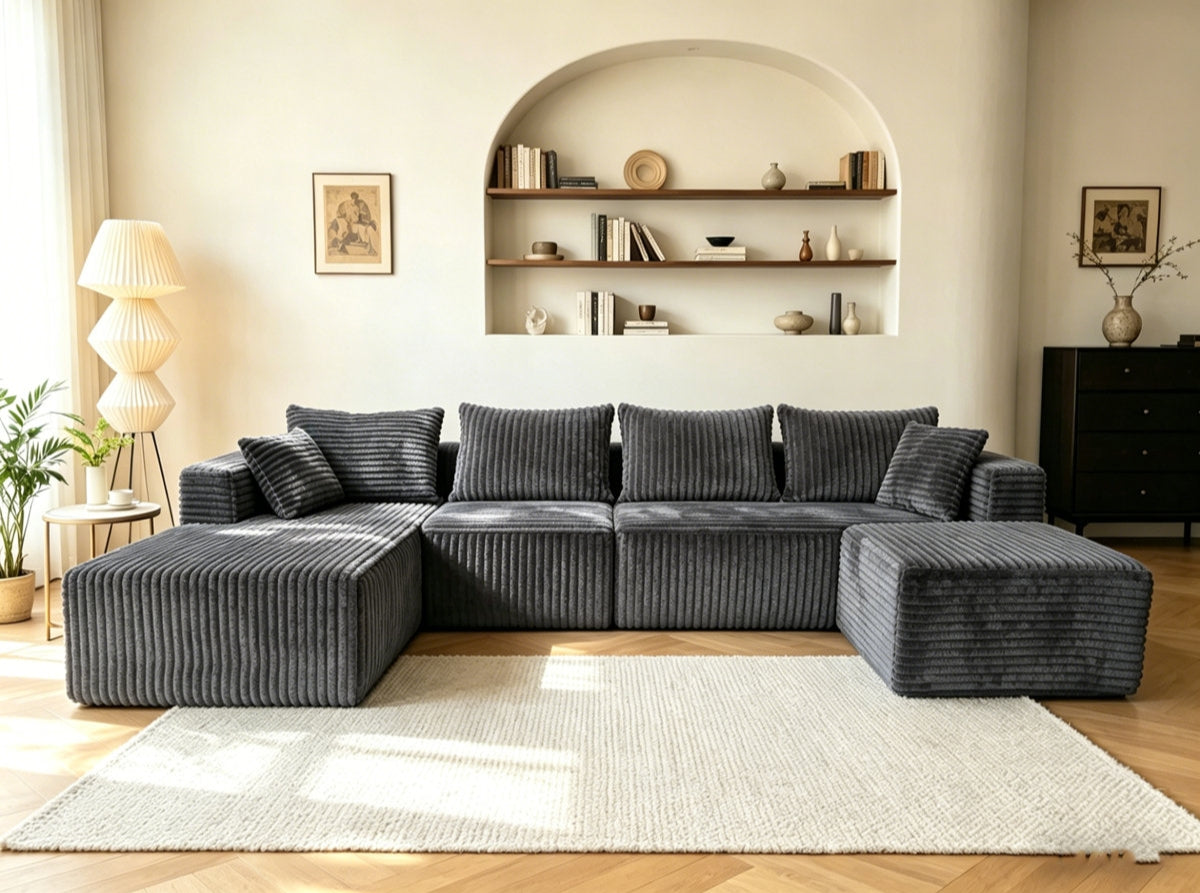 ULTIONE BIG U-Shaped Wide-wale Corduroy Modular Sectional Compression Sofa with Right Chaises