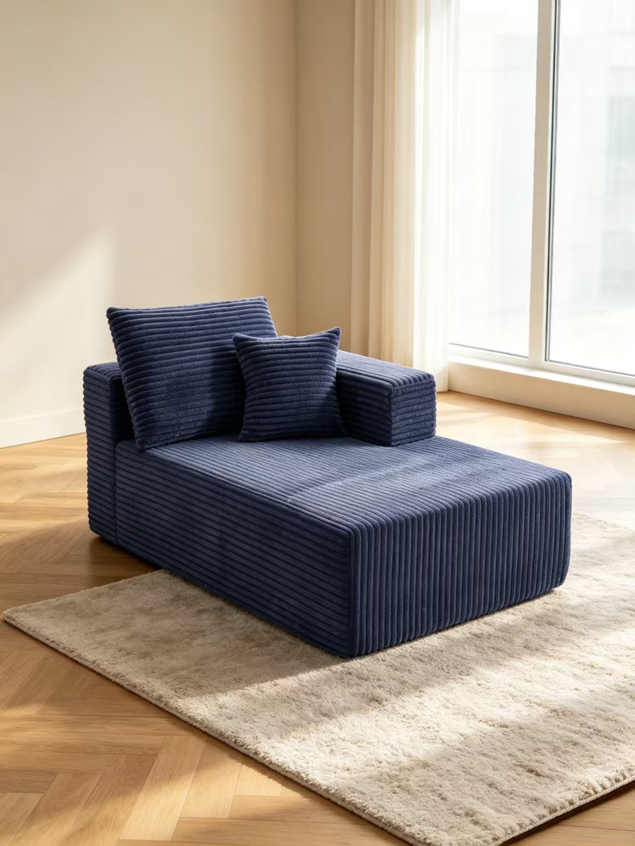 ULTIONE Wide-wale Corduroy Floor Compression Sofa Chair, Frameless Foam Left Chaise Lounge with Pillow, Comfy Lazy Boneless Couch for Adults Reading Nook, Bedroom & Living Room