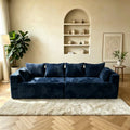 Navy blue corduroy sectional couch with comfortable armrests