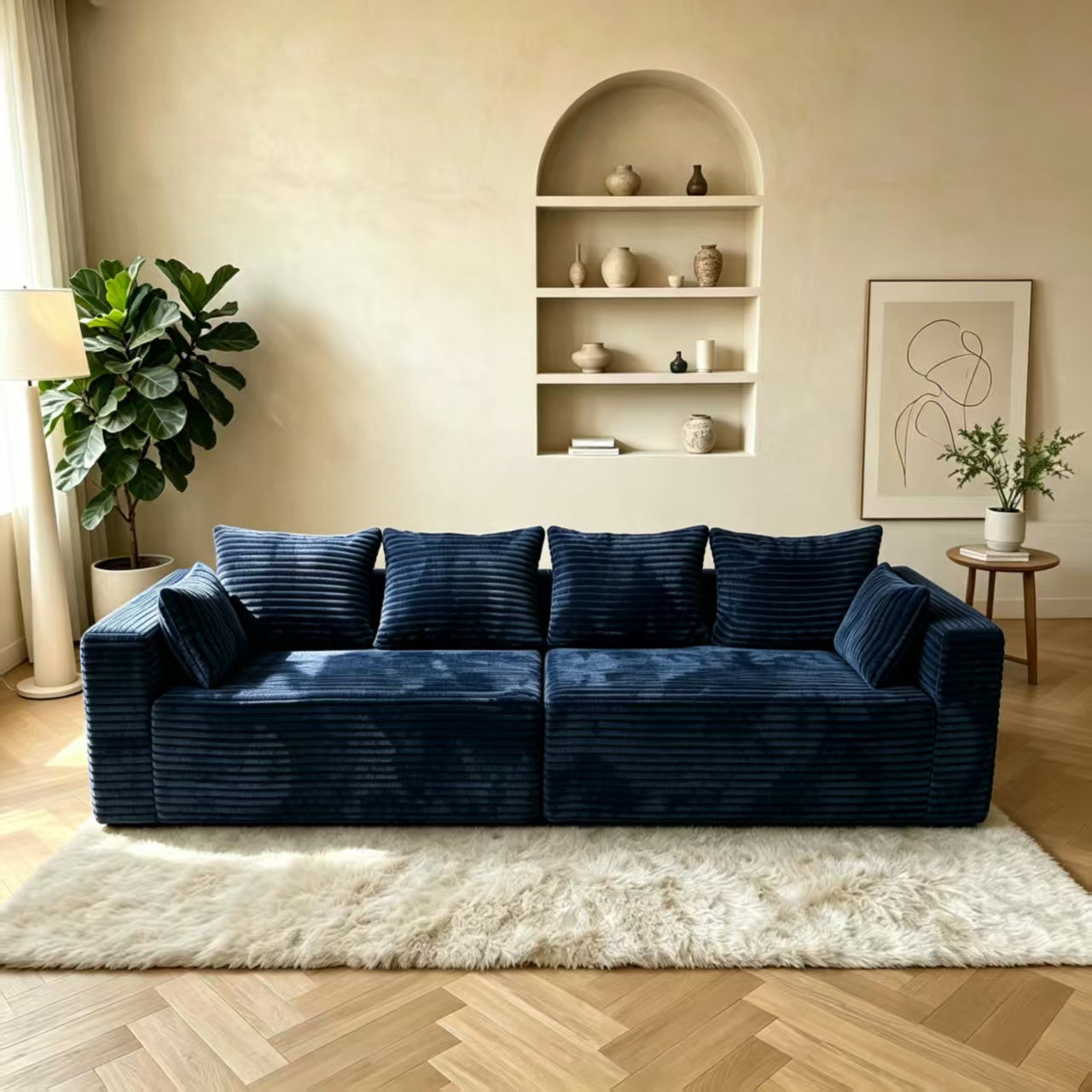 Navy blue corduroy sectional couch with comfortable armrests