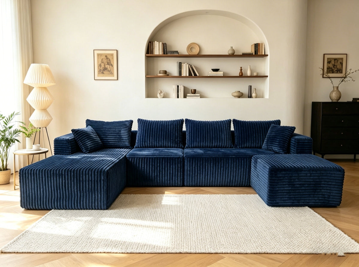 ULTIONE BIG U-Shaped Wide-wale Corduroy Modular Sectional Compression Sofa with Right Chaises