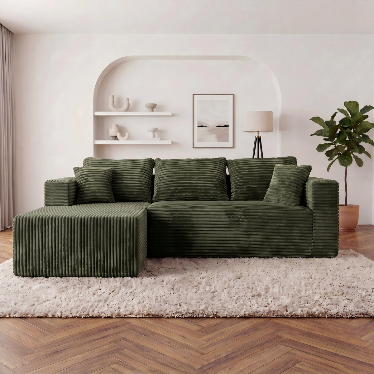 ULTIONE Modular Wide-wale Corduroy Sectional Compression Sofa with Right Chaise Frameless Foam L-Shaped Couch for Living Room
