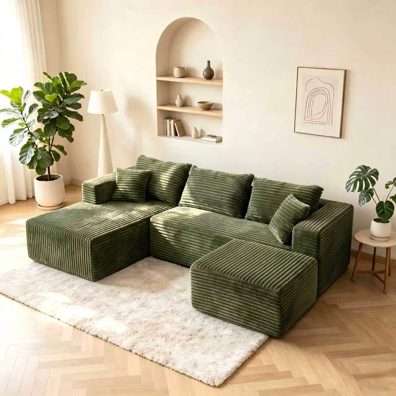 ULTIONE U-Shaped Wide-wale Corduroy Modular Sectional Compression Sofa with Right Chaises