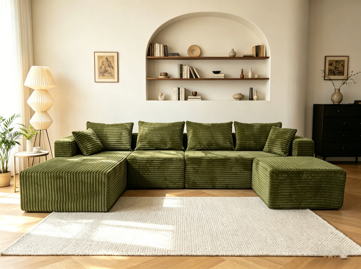 ULTIONE BIG U-Shaped Wide-wale Corduroy Modular Sectional Compression Sofa with Right Chaises